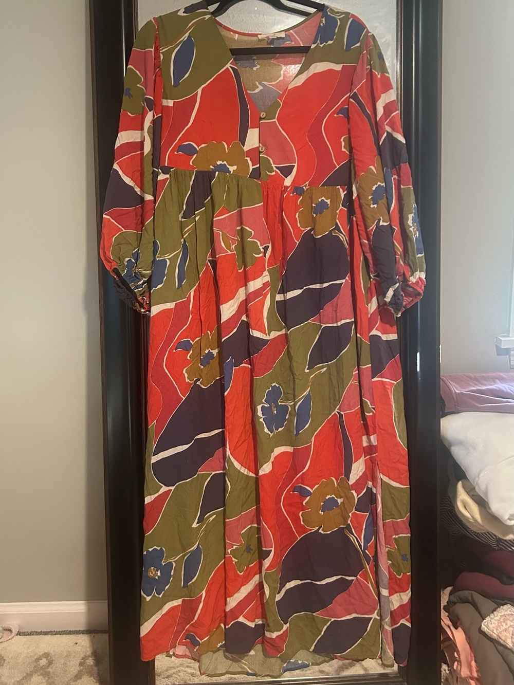 Easel Vibrant Abstract Floral Maxi Dress in Red, Olive & Navy